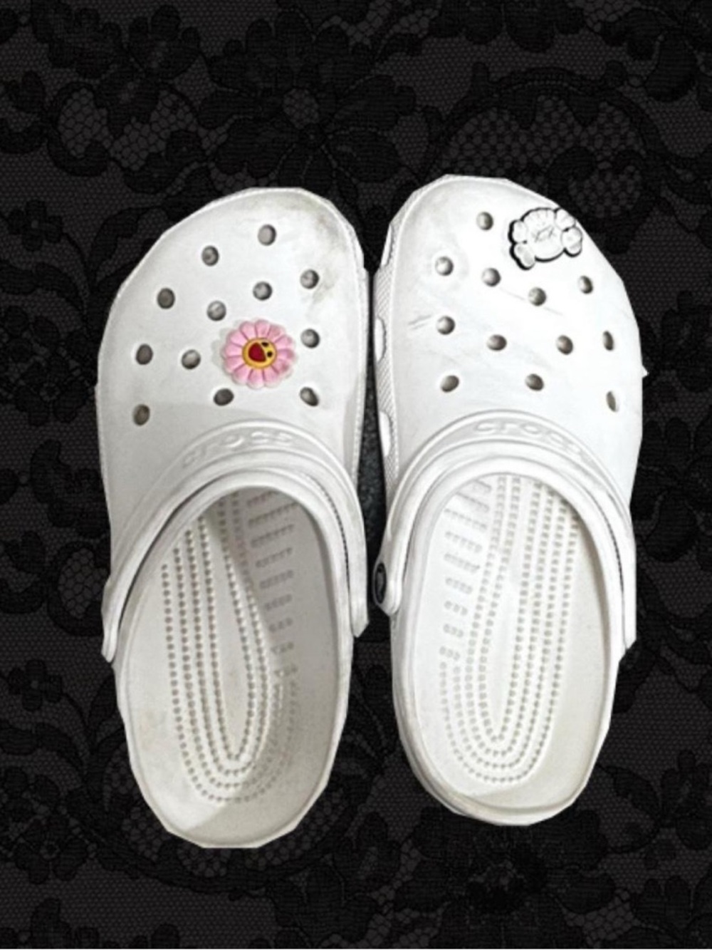 CROCS White Slip-On Clogs with Pink Flower and White Cloud Charms
